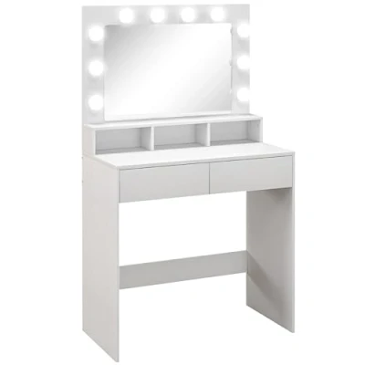 Afbeelding van HOMCOM make uptafel met Hollywood spiegel, laden, 3 verlichtingsmodi, 10 gloeilampen, moderne voor slaapkamer, woonkamer, 80 x 40 135 cm, wit