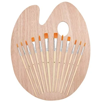 Afbeelding van Kurtzy Verf Kwasten Set met Houten Palette (12 kwasten) &amp; Handzaam Ovaal Schilders Gebruik Acryl, Olie en Waterverf Voor Schilderen op Canvas, Keramiek, Klei, Hout Modellen