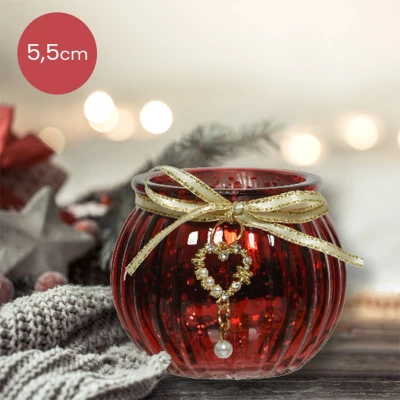 Afbeelding van Rode glazen waxinelichthouder met hartje Ø6,5 x 5,5 cm kerstdecoratie kerst luxe theelichthouder voor kaarsjes