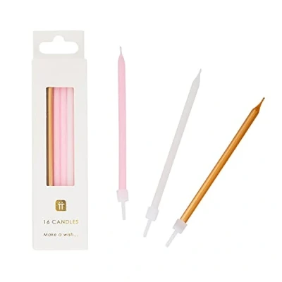 Afbeelding van Talking Tables 16 stuks gouden witte en roze verjaardagskaarsen met standaard schattige taartdecoraties voor verjaardagen, bruiloften, babyshowers, meisjes, 10 cm
