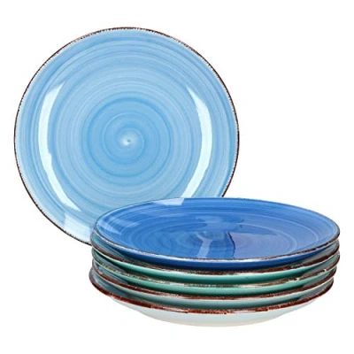 Afbeelding van MamboCat Blue Set van 6 blauwe taartborden, robuust blauw aardewerk servies voor personen, dessertborden, met moderne swirl decoratie in leuke tinten
