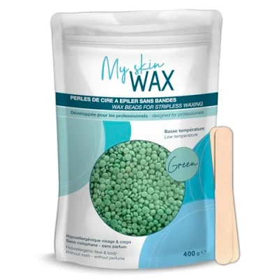 Image de My Skin Wax Perles de Cire à épiler sans Bande, 400g, Hypoallergénique, d&#039;Épilation en Douceur Rougeurs, Spéciale pour peaux Sensibles Homme Femme, Visage, Bikini, Brésilien Vert