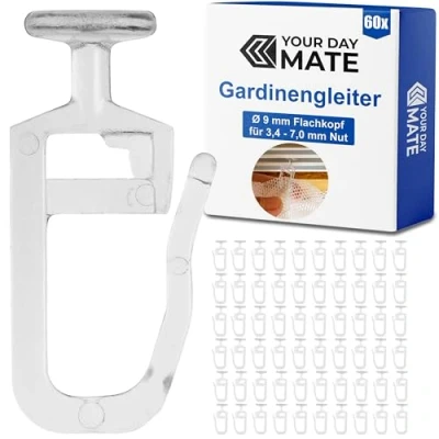 Afbeelding van 60 x gordijnglijders, glijders met platte kop Ø 9 mm, voor rails een lagerbreedte van 3 4 mm en lagerkamer 10 accessoires gordijnen, transparante klaphaken