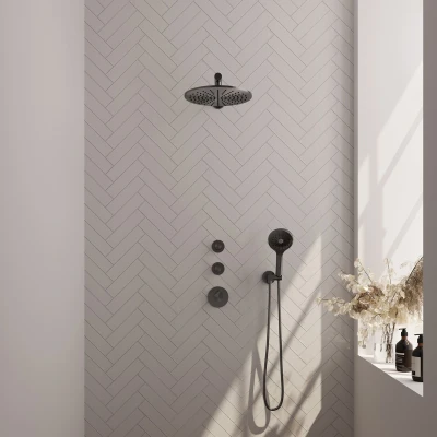 Afbeelding van Brauer Gunmetal Edition Regendoucheset inbouw hoofddouche 30cm 3 gladde knoppen rechte wandarm handdouche rond standen PVD geborsteld