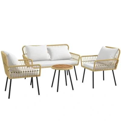 Afbeelding van Outsunny Tuinmeubelset, 4 delig, tuinmeubelen, 2 zits, fauteuils met 7 kussens, 1 ronde salontafel, rotan PE