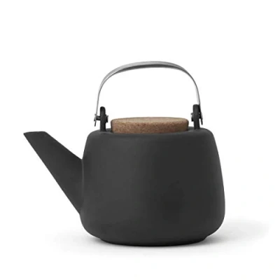 Afbeelding van Viva Scandinavia Porseleinen theepot met handvat, roestvrijstalen zeefje, druppelvrije tuit, losse thee, bladthee 1,2 l, mat zwart