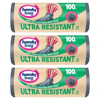 Afbeelding van Handy Bag Praktische vuilniszakken met bindband, 100 l x 10 zakken 3 rollen Lekvrije bodem Maximale afdichting band bevestigd aan de bovenkant van zak 100% gerecycled