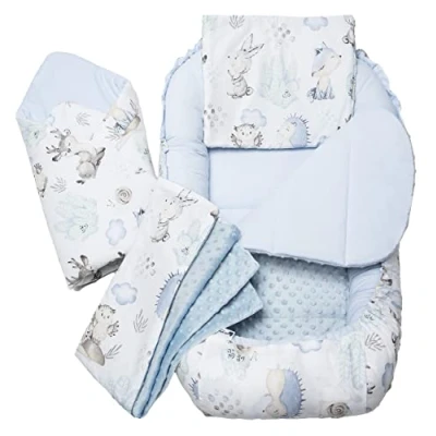 Afbeelding van Medi Partners Babybedverkleiner, cocon, 100 x 60 15 cm, 100% katoen, babynest voor pasgeborenen, kussen, deken, afneembaar inzetstuk (hert en egel met lichtblauwe minky)