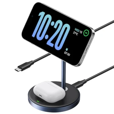 Image de UGREEN MagFlow Chargeur Induction iPhone 2 en 1 Qi Compatible avec MagSafe 16 15 14 13 12 Plus Pro Max AirPods 4 3 Station de Charge sans Fil Magnétique Rapide Mode Standby