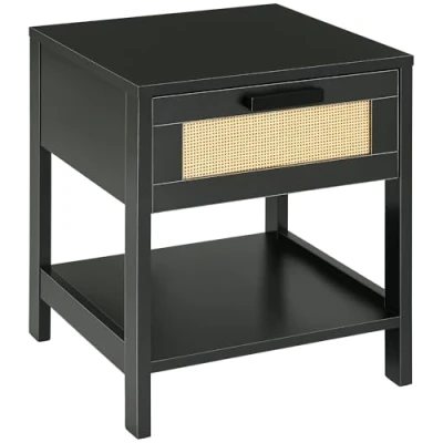 Afbeelding van HOMCOM Nachtkastje met lade en plank, rotan riet, dim. 40L x 40B 48H cm Zwart