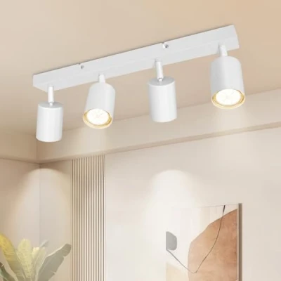 Afbeelding van Dehobo spot en rails, plafondspots, dubbele GU10, draaibaar, modern, plafondlamp, spot, mat, wit, zonder lampen, 4 spots, voor keuken, slaapkamer, woonkamer, hal, eetkamer