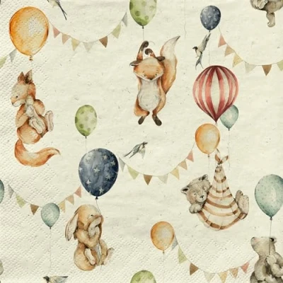 Afbeelding van 20 stuks gerecyclede Papieren servetten Kindermotieven Vliegende dieren met ballonnen voor tafeldecoratie motief Ook geschikt decoupage en