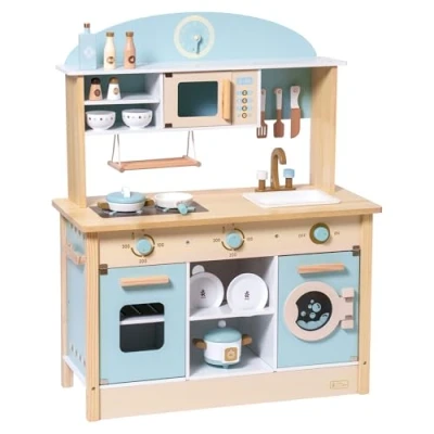 Afbeelding van ROBUD Houten speelkeuken voor kinderen en peuters, poppenkeukenaccessoires met magnetron, wasmachine, rijstkoker, servies, cadeaus vanaf 3 jaar