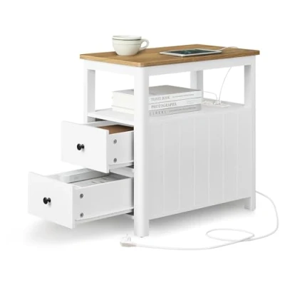Afbeelding van VASAGLE LCT649W01 Set van 2 smalle bijzettafels met stekkerdoos, laden, salontafel, voor kleine ruimtes, maritieme stijl, walnootbruin/wit
