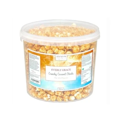 Afbeelding van Everly Grace Popcorn Crunchy Caramel Clouds, 600 g popcornemmer met zoete karamel en bourbon vanille, handgemaakt in Duitsland