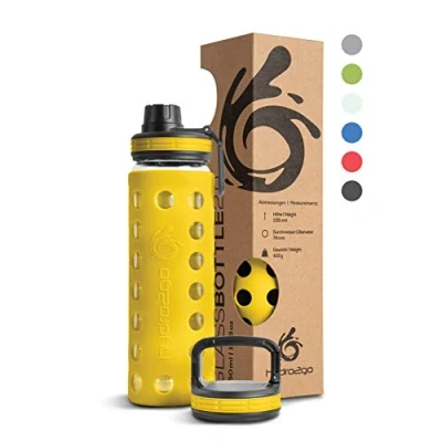Afbeelding van Drinkfles van glas met siliconen hoes, 550 ml, vaatwasmachinebestendig, 2 verwisselbare deksels, 100% lekvrij, BPA vrij, glazen fles voor kinderen, kantoor, fitness, yoga, sport en outdoor