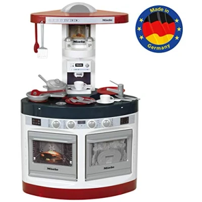 Afbeelding van Klein Toys Miele keukendriehoek kookplaat, espressomachine, oven, vaatwasser, afzuigkap, gootsteen incl. bijpassende accessoires, licht en geluidseffecten rood grijs
