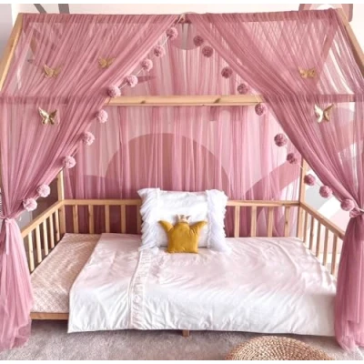 Afbeelding van Baby Fancyroom Oudroze bedhemel, voor kinderbed, slaapkamer, hemel, bedgordijn, bedhemel meisjes, prinsessenkamer, met 5 gouden vlinders, 380 cm