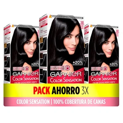 Afbeelding van Garnier Color Sensation Set van 3 blikjes heldere en duurzame kleur, volledige dekking wit haar, eenvoudig aan te brengen met schaal kwast, zijdezacht 1,0 ultra zwart
