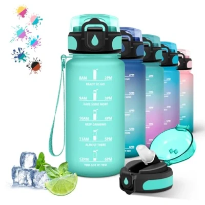 Afbeelding van Drinkfles, 500 ml, drinkfles voor kinderen, lekvrij, sportfles met tijdmarkering, motiverende jongens en meisjes, waterfles school, kantoor, outdoor, fiets, camping, groen
