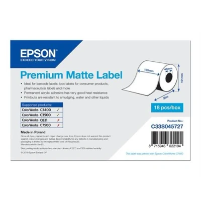 Image de Epson Premium Papier mat adhésif permanent en acrylique blanc brillant rouleau A6 (10,5 cm x 35 m) 1 rouleau(x) étiquettes pour ColorWorks CW C4000E (BK), (MK); TM C3500