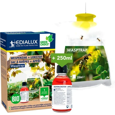 Afbeelding van Edialux Gebruiksklare wespvangzak met 250ml lokvloeistof, 3 weken actief, ideaal voor buiten, tuinen, terrassen en campings, anti vliegen wespen vliegende insecten