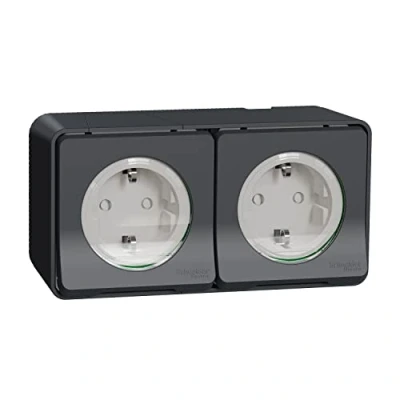 Image de Schneider Electric MUR36029 Mureva Styl Double PC 2P+T schuko précâblée horiz saillie IP55 IK08 GRIS DBLE ALL S.