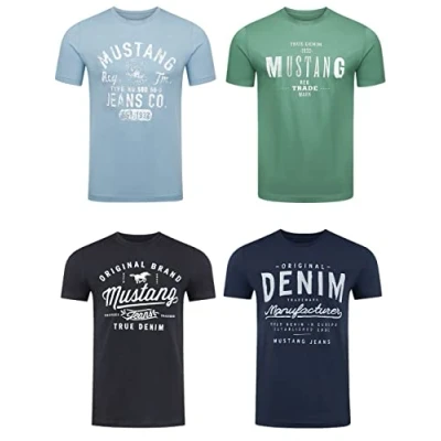 Afbeelding van Mustang Set van 4 T shirts voor heren met print op de voorkant en ronde hals, kleurenmix blauw zwart