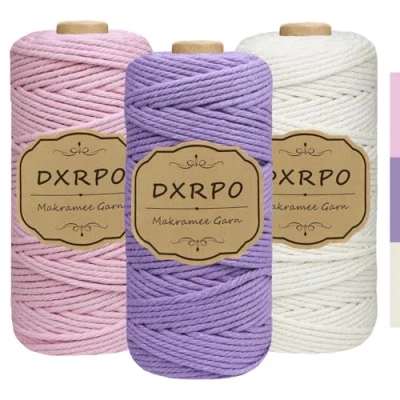 Afbeelding van DXRPO Set van 3 macramégaren, mm x 100 m, katoengaren voor doe het zelf handwerk, hangplanten, Kerstmis, boho decoratie (natuur, roze, paars)