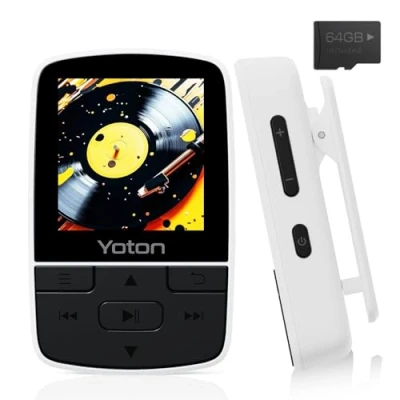 Afbeelding van YOTON Bluetooth MP3 speler, 64 GB, draagbare sportmuziekspeler met clip, hifi geluid zonder gegevensverlies, FM radio, stopwatch, recorder, stappenteller, levering hoofdtelefoon, wit