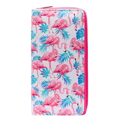 Afbeelding van DonDon Portemonnee voor dames of meisjes met ritssluiting, Flamingo&#039;s en bladeren, Klassiek
