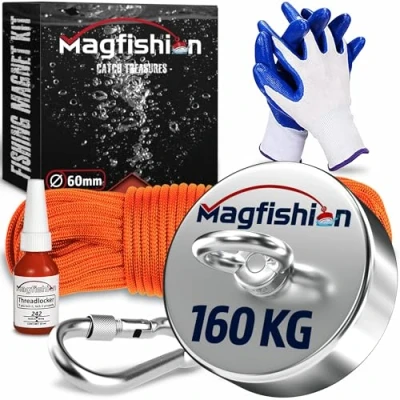 Afbeelding van Magfishion Krachtige Neodymium magneet 160 kg Vismagneet Ø 60 mm met donkeroranje touw (20 m) en handschoenen Magnetische visset Oogmagneet