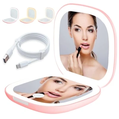 Afbeelding van Led zakspiegel met 1X/10X vergroting, vergrotende spiegel licht, dimbare reisspiegel en dubbelzijdig ledlicht, opvouwbaar, cadeau voor meisjes, roze
