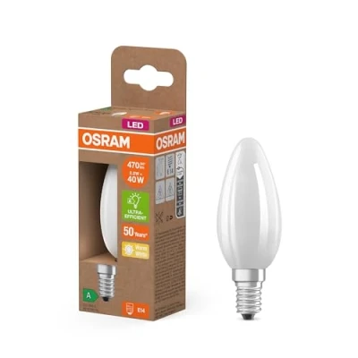 Afbeelding van OSRAM LED Superstar Classic lamp B 40 in klassieke mini kaarsvorm van matglas, 2,2 W, 470 lm, E14 fitting, warm wit licht met 2700 K, EEK A, 35 mm diameter.