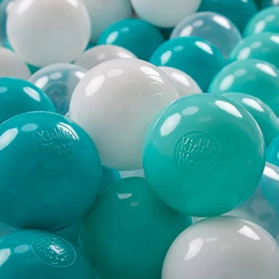 Afbeelding van KiddyMoon 100 diameter 7 cm kleurrijke plastic ballen voor kinderzwembaden, gemaakt in de EU, licht turkoois/wit/transparant/turkoois