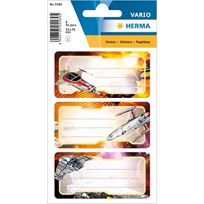 Afbeelding van HERMA 5589 zelfklevende etiketten om te beschrijven, ruimteschip (76 x 35 mm, 9 naamstickers, papier, glitter) voor boeken, schriften, dozen, huis, kleurrijk,