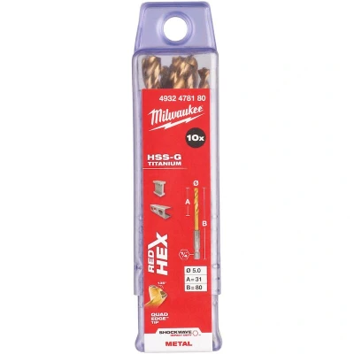 Afbeelding van MILWAUKEE 4932478180 SHOCKWAVE HSS G TiN Red Hex 5mm metaalboormm (10 st.)