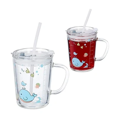 Afbeelding van Relaxdays drinkglazen set van 2 walvis design kinderglazen rietje transparant