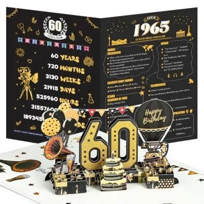 Afbeelding van Joyoldelf Verjaardagskaarten 60 jaar 1965 3D pop up wenskaarten met envelop, vintage verjaardagscadeaus voor mannen en vrouwen