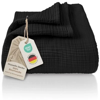 Afbeelding van LAYNENBURG Hoogwaardige mousseline sprei 220 x 240 cm, XXL, 100% katoen, extra zachte deken als knuffeldeken, bedsprei, bankdeken, bankdeken