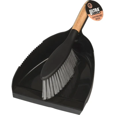 Afbeelding van Stoffer en blik zwart plastic/bamboe 22 x 34 cm Schoonmaken/Huishouden