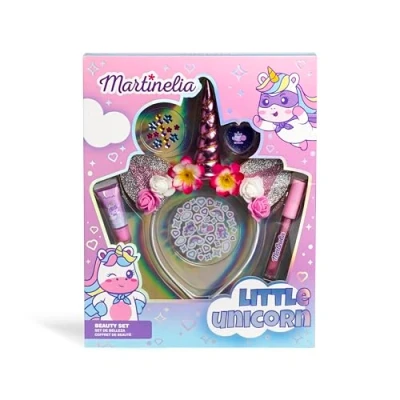 Image de MARTINELIA Set Maquillage Fille &amp; Accessoires Licorne 1 Bandeau/Serre tête Licorne, 2 Brillants à Lèvres, Autocollants de Beauté Coffret Cheveux pour Enfants Dès 3 Ans