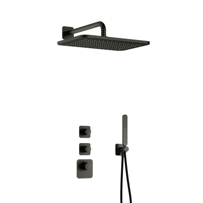Afbeelding van Hotbath Gal Regendoucheset IBS40 Geborsteld Gunmetal PVD Staaf Handdouche 40cm Hoofddouche Wandarm met wandhouder