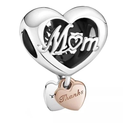Afbeelding van Pandora Hart bedel &quot;Mom&quot; (mama) in sterling zilver en 14 karaat roségoud verguld metaal, Roségoud, Geen edelsteen