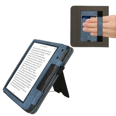 Afbeelding van kwmobile flip cover voor e reader geschikt Kobo Libra Colour Van imitatieleer en suède In donkerblauw / donkergrijs