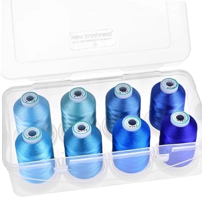 Afbeelding van New brothread 15 opties 8 klikspoelen van 1000 m, elk polyester borduurgaren met transparante kunststof opbergdoos voor borduren en quilten verschillende blauwe kleuren
