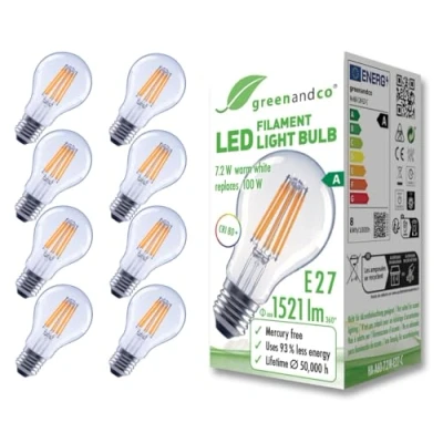 Afbeelding van greenandco 8 x transparante led filamentlampen, E27 A60, 7,2 W, 1521 lm, vervangt 100 3000 K, warmwit, 320 graden, 230 V, flikkervrij, energieklasse A, niet dimbaar