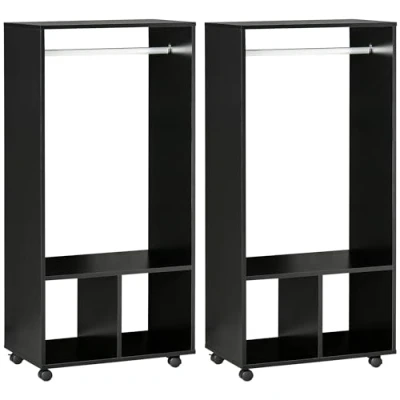 Afbeelding van HOMCOM Kledingrek met wieltjes, 2 nissen + grote zwarte houten kledingkast, stuks