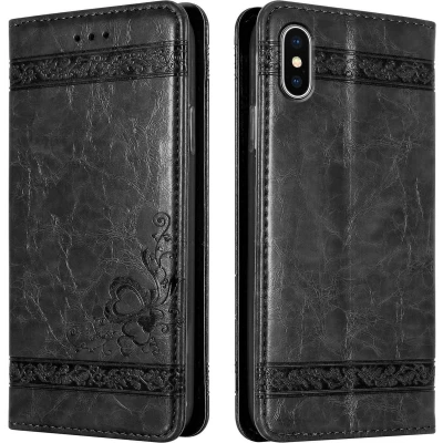 Afbeelding van Cadorabo Hoesje geschikt voor Apple iPhone XS MAX in ZWART met ornamenten Beschermhoes magnetische sluiting, standfunctie en kaartvakje Case Cover Etui