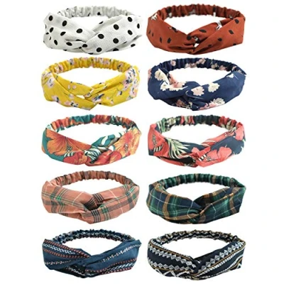 Afbeelding van DRESHOW Boho haarband voor dames, bloemen, vintage, bedrukt, criss cros knopen, elastisch, hoofd, wrap twisted haar, schattig, accessoires, 10 stuks, één maat, meerkleurig
